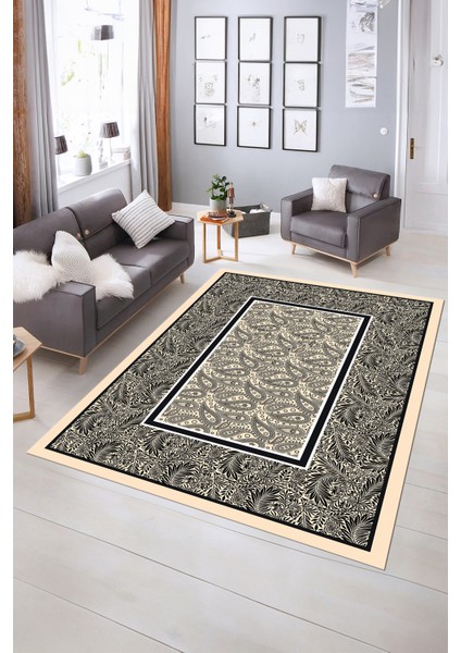 Dijital Baskılı Kaymaz Yıkanabilir Çerçeveli Yolluk Mutfak Salon Halısı, N-Çerçeveli-37-Krem,