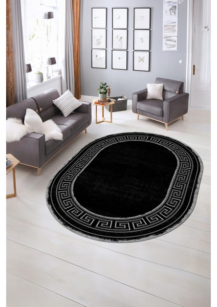 Dijital Kaymaz Yıkanabilir Çerçeveli Oval Yolluk Mutfak Salon Halısı, N-O-Çerçeveli-09-Siyah,