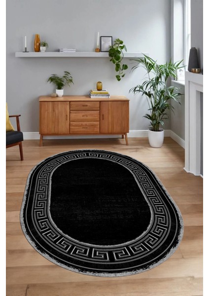 Dijital Kaymaz Yıkanabilir Çerçeveli Oval Yolluk Mutfak Salon Halısı, N-O-Çerçeveli-09-Siyah, fırsatları
