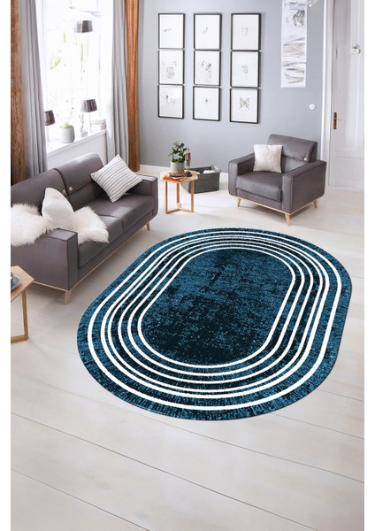 Dijital Kaymaz Yıkanabilir Çerçeveli Oval Yolluk Mutfak Salon Halısı, N-O-Çerçeveli-08-Mavi,