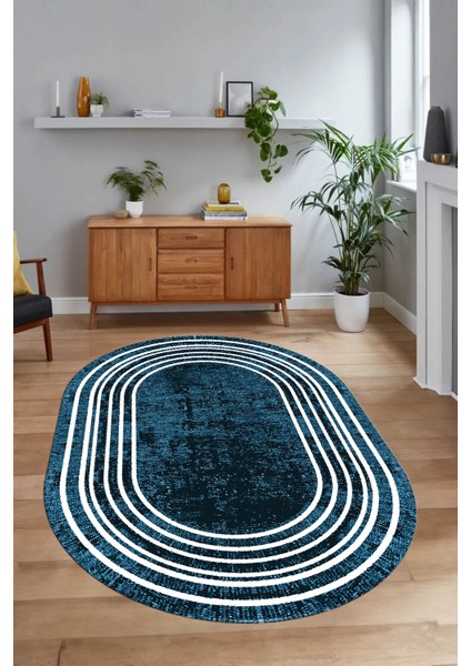 Dijital Kaymaz Yıkanabilir Çerçeveli Oval Yolluk Mutfak Salon Halısı, N-O-Çerçeveli-08-Mavi, fırsatları