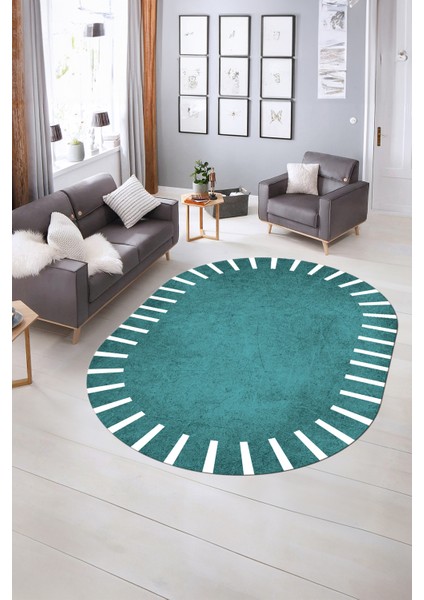 Dijital Kaymaz Yıkanabilir Çerçeveli Oval Yolluk Mutfak Salon Halısı, N-O-Çerçeveli-40-Mavi,