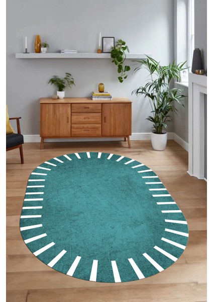 Dijital Kaymaz Yıkanabilir Çerçeveli Oval Yolluk Mutfak Salon Halısı, N-O-Çerçeveli-40-Mavi, fırsatları