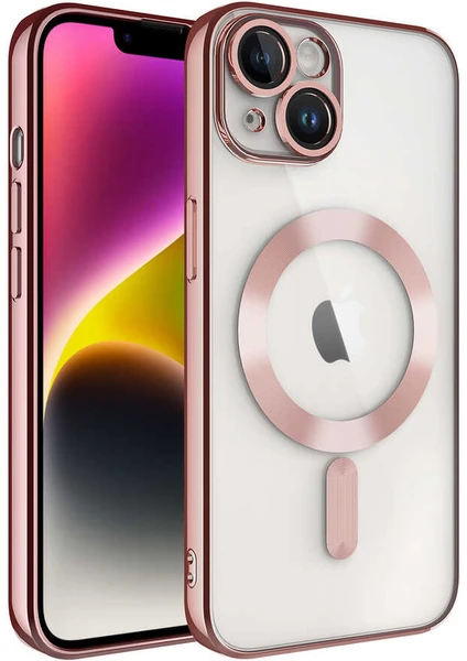 Apple iPhone 15 Mag Safe Özellikli Lens Korumalı Logo Gösteren Şeffaf Luxury Silikon Kılıf - Rose Gold