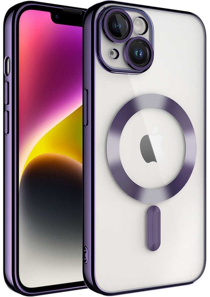 Apple iPhone 15 Plus Mag Safe Özellikli Lens Korumalı Logo Gösteren Şeffaf Luxury Silikon Kılıf - Mor