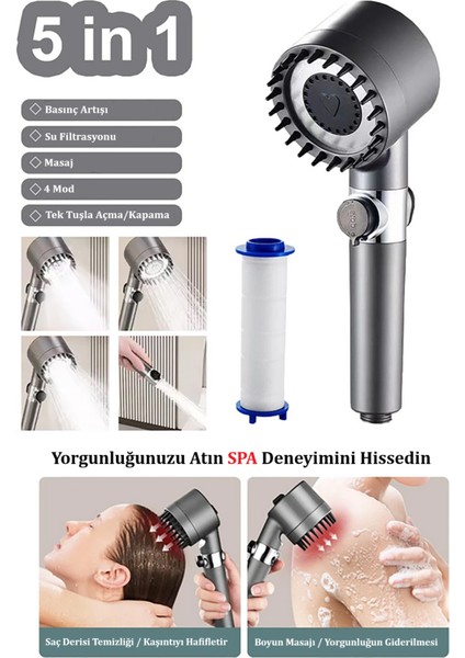 Gri Masaj Başlıklı Filtreli Fonksiyonlu Duş Başlığı Duş Başlığı Akrilik