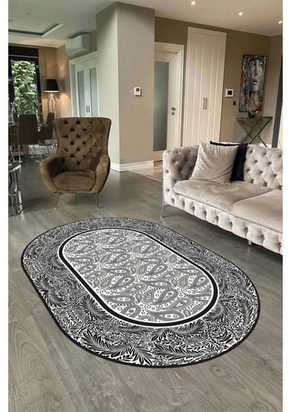Dijital Kaymaz Yıkanabilir Çerçeveli Oval Yolluk Mutfak Salon Halısı, N-O-Çerçeveli-37-Beyaz,