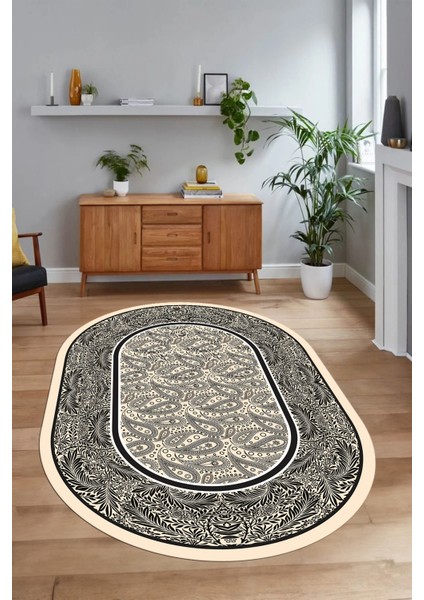 Dijital Kaymaz Yıkanabilir Çerçeveli Oval Yolluk Mutfak Salon Halısı, N-O-Çerçeveli-37-Krem, fırsatları
