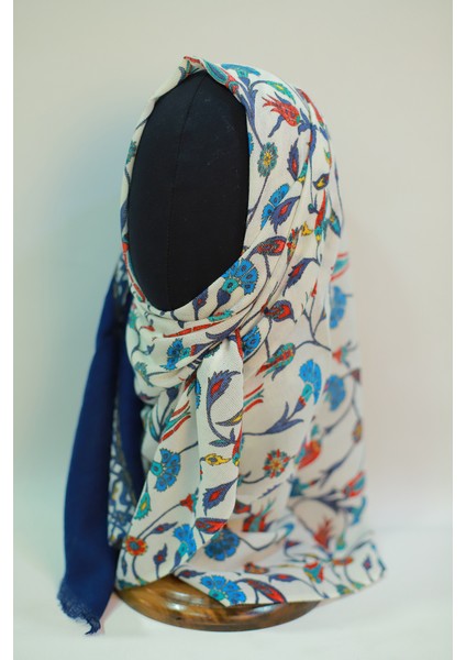 Bej Lacivert Ipek - Keten Şal