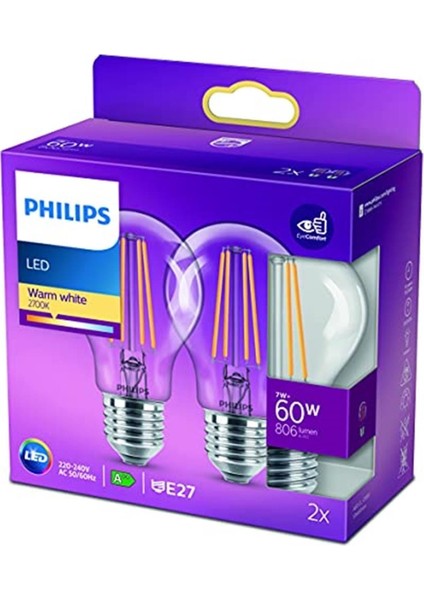 LED Classic 60W A60 Filament Ampul, 2700 Sarı Işık, E27 Normal Duy, Dim Edilmez 2'li Ekopak