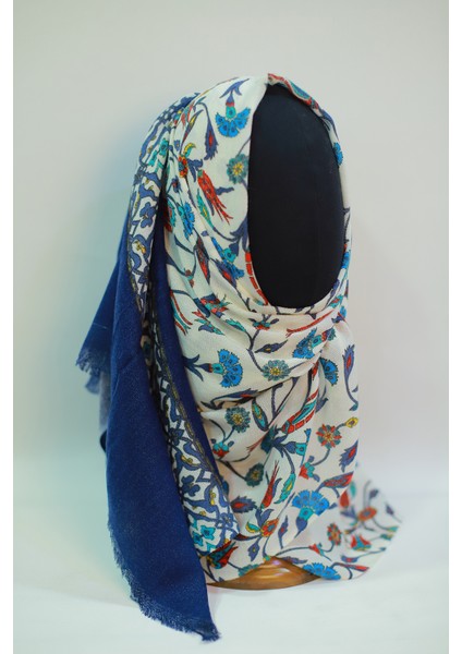 Bej Lacivert Ipek - Keten Şal