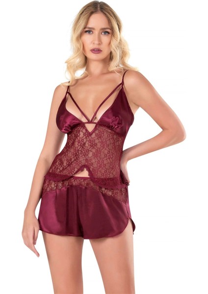 Bordo Saten Babydoll Şort Takımı