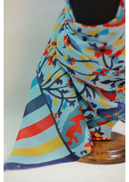 Mavi Lacivert Ipek - Keten Eşarp Şal