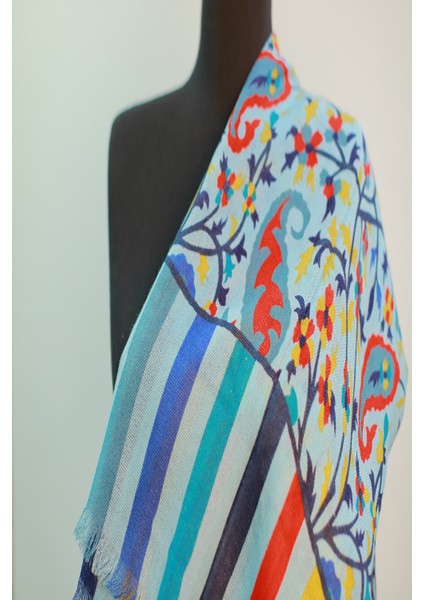 Mavi Lacivert Ipek - Keten Eşarp Şal