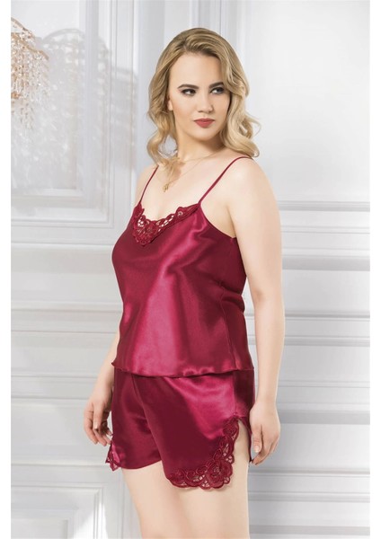 Büyük Beden Bordo Saten Babydoll Şort Takımı