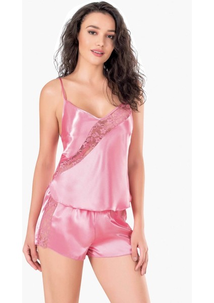 Koyu Pembe Saten Babydoll Şort Takımı