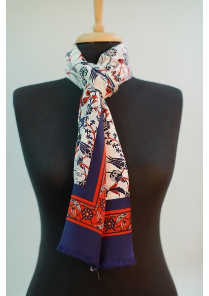 Ekru Kırmızı Lacivert Medine Ipek Eşarp Şal