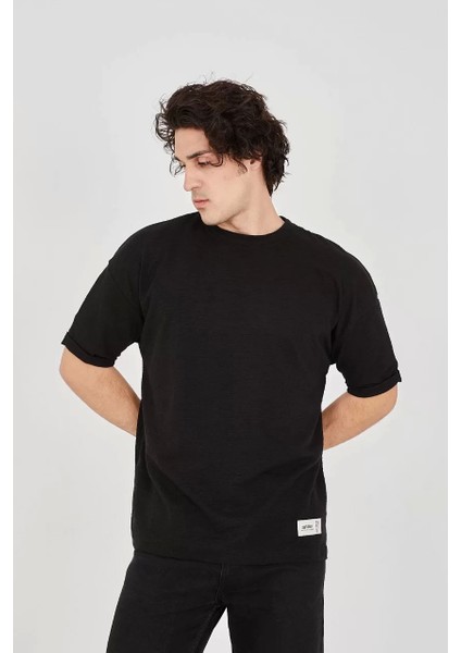 Jakar Kumaş Rahat Kol T-Shirt - Siyah