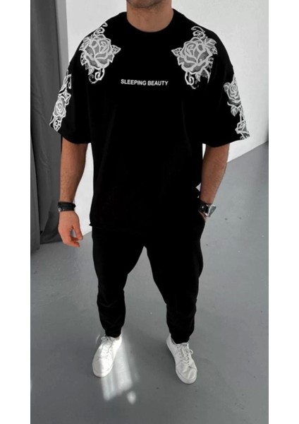 Flok Kabartma Baskılı T-Shirt - Siyah modelleri