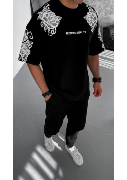 Flok Kabartma Baskılı T-Shirt - Siyah fırsatları