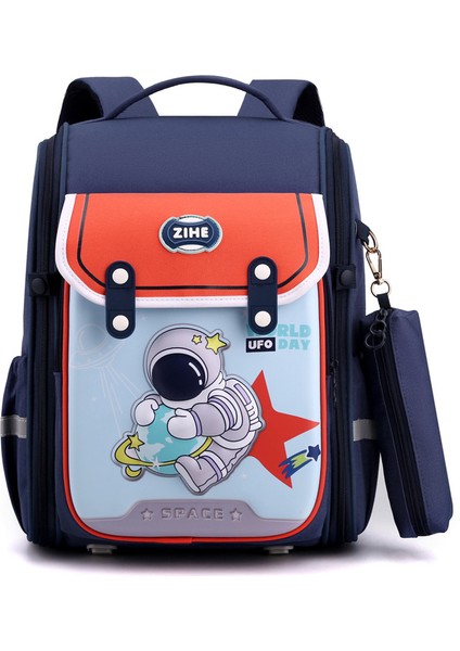 Karikatür Astronot Çocuk Ilkokul Çantası Yükü Azaltıyor ve Omurgayı Koruyor Çocuk Ilkokuldaki Çocukları Rahatlatıyor (Yurt Dışından)