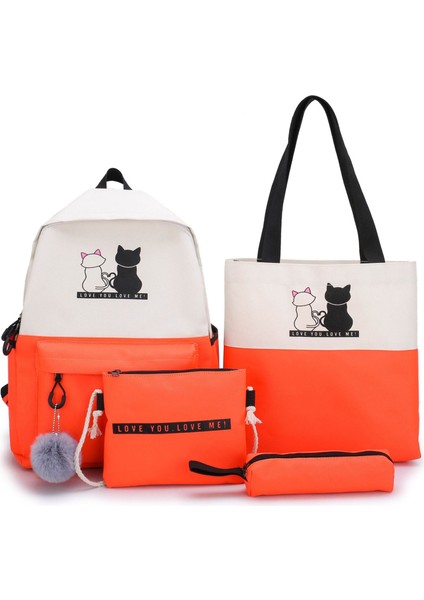 Öğrenci Okul Çantası Dört Parçalı Yeni Kampüs Tatlı Sırt Çantası Kalem Çantası Tuval Baskılı Karikatür (Yurt Dışından)