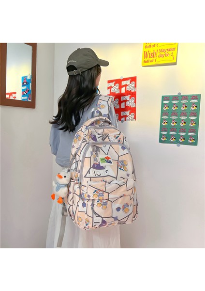 Karikatür Baskı Sırt Çantası Yeni Stil Moda Kontrast Renkli Dikiş Orta ve Lise Öğrencisi Okul Çantası Büyük Kapasiteli Rahat Sırt Çantası (Yurt Dışından) fırsatları