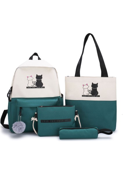 Öğrenci Okul Çantası Dört Parçalı Yeni Kampüs Tatlı Sırt Çantası Kalem Çantası Tuval Baskılı Karikatür (Yurt Dışından)