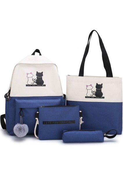 Öğrenci Okul Çantası Dört Parçalı Yeni Kampüs Tatlı Sırt Çantası Kalem Çantası Tuval Baskılı Karikatür (Yurt Dışından)