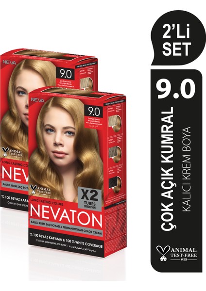 2 X 2'Li Set 9.0 Çok Açık Kumral Kalıcı Krem Saç Boyası Seti (4 Boya + 4 Oksidan)