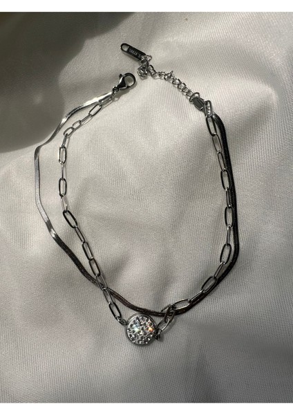 Silver Zirkon Taş Marka Model 2'li Çelik Halhal Set Kombin