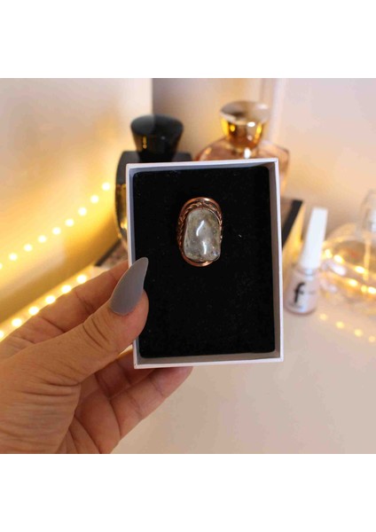 Ayarlanabilir Lüks Doğal Kristal Kuvars Taşlı el yapımı bakır kaplama yüzük