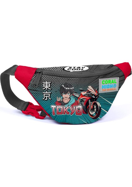 Kids Gri Nefti Anime Motorsiklet Desenli Bel Çantası 11516