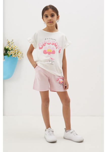 Pudra Çiçek Baskılı Yazılı Mini Şortlu Kız Çocuk Takım 18690 fırsatları