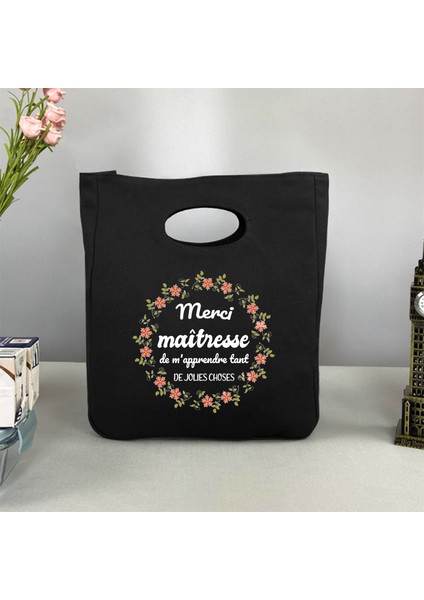9MERCIDE004 Tarzı Merci Maitresse Fransız Baskı Öğle Yemeği Soğutucu Çanta Taşınabilir Yalıtımlı Tuval Bento Tote Termal Okul Gıda Saklama Torbaları Öğretmen Hediye (Yurt Dışından)
