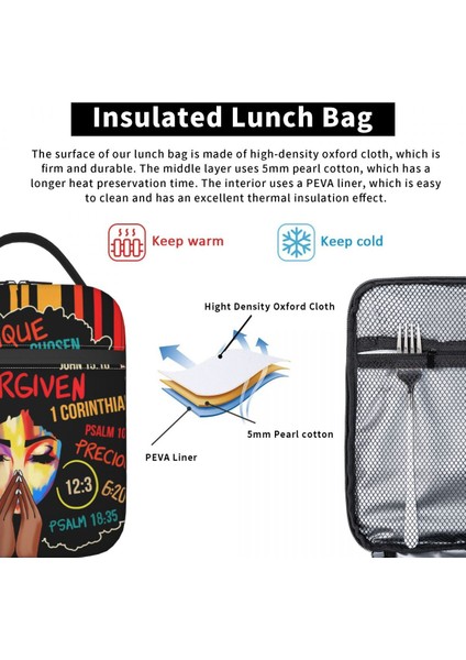 No.10 Stili 26X21X11CM Tanrı Ben Afro Afro-Amerikan Yalıtımlı Öğle Yemeği Çantası Kadın Siyah Kadın Yeniden Kullanılabilir Termal Soğutucu Bento Kutusu Okul (Yurt Dışından) indirimleri