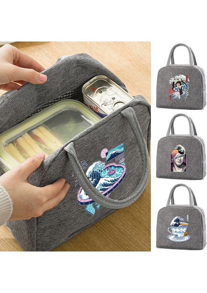 4WAVE005 Tarzı Yalıtımlı Soğutucu Akşam Yemeği Öğle Yemeği Çantaları Dalga Desen Baskı Kanvas Bento Çanta Tote Okul Termal Gıda Saklama Çantası Çanta (Yurt Dışından) indirimleri