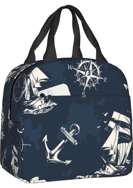 No.5 Tarzı 22X20X13CM Mavi ve Beyaz Çizgili Deniz Mavi Çapalar Termal Yalıtımlı Öğle Yemeği Çantaları Yelkenli Denizci Yeniden Kullanılabilir Çok Fonksiyonlu Yiyecek Kutusu (Yurt Dışından)