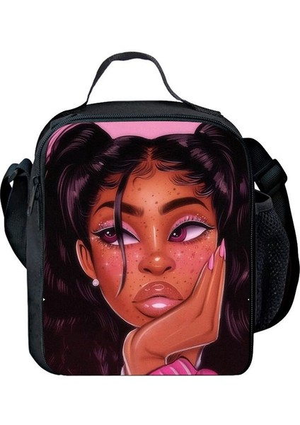 Gümüş Tarzı Harajuku Yenilik Serin Komik Afrika Kızlar 3D Baskılı Crossbody Çanta Yemek Kabı Okul Gıda Öğle Yemeği Çantası Buz Torbaları (Yurt Dışından)