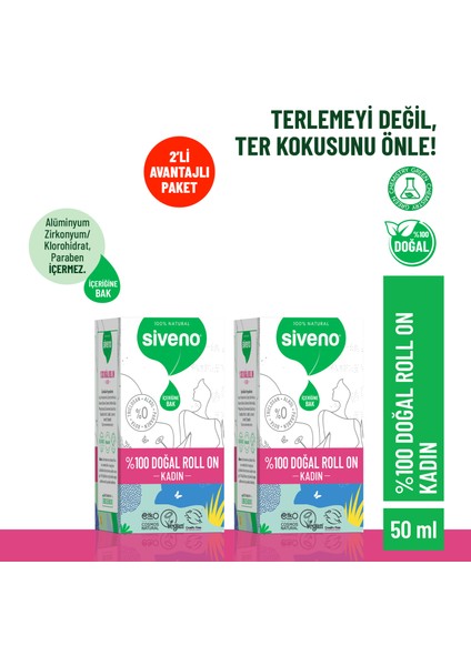 %100 Doğal Roll On Kadın Deodorant Bitkisel Leke Bırakmayan Vegan 50 ml X 2 Adet