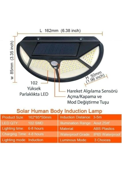 Beyaz Hareket Sensörlü Solar Güneş Enerjili Su Geçirmez LED Aydınlatma Dış Mekan Bahçe 102 LED Li L