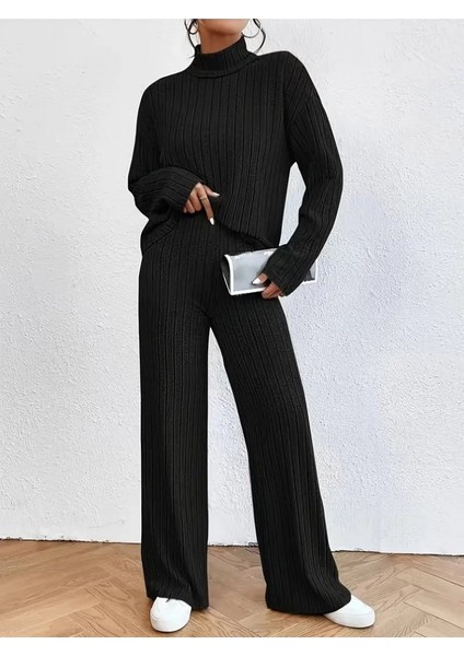 Kadın Uzun Kollu Balıkçı Yaka Şardonlu Kaşkorse Altı Pantalon Ikili Takım modelleri