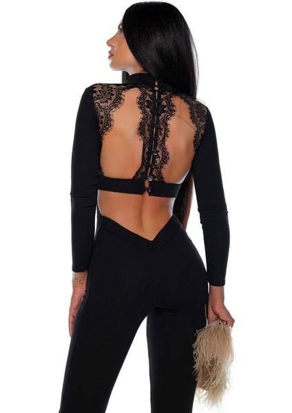 Kadın Krep Kumaş Sırt Suyolu Dantel Detaylı Maxi Boy Tulum