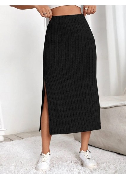 Kadın Yırtmaçlı Fitilli Kaşkorse Midi Boy Etek modelleri