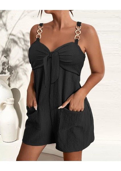 Kadın Kolsuz Askı Aksesuarlı Önü Bağlama Detay Salopet Şort Tulum fırsatları