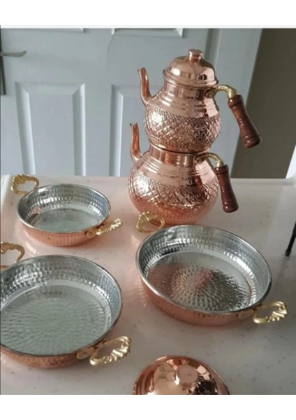 2 - 2,99 L El Işlemeli Bakır Çaydanlık & (3) Lu Bakır Tava Komple Set ,hediye Metalik Bakır