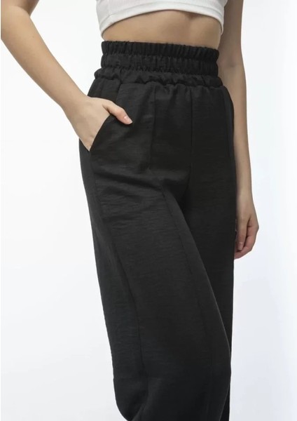 Yüksek Bel Keten Pantalon - Siyah