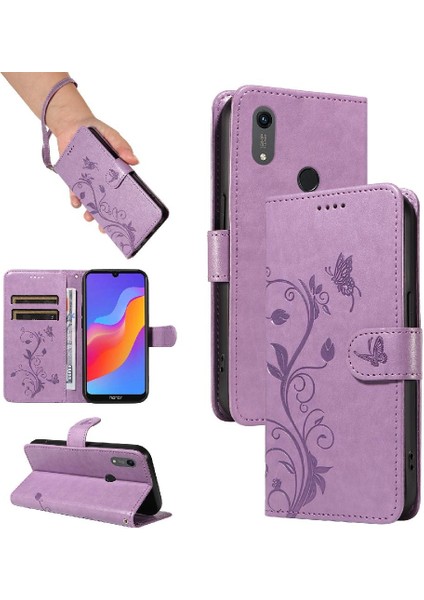 Huawei Y6 2019 Için Flip Case El Kayışı ile Kabartmalı Kelebek Yüksek ve (Yurt Dışından)