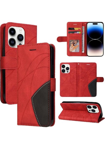IPhone 15 Için Kılıf Pro Iki Renkli Dikiş Pu Deri Flip Folio Kılıf ile (Yurt Dışından)