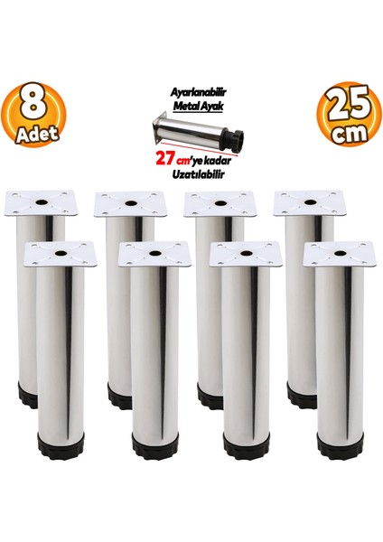 Ayarlanabilir Mobilya Kanepe Baza Koltuk Metal Destek Yükseltici Ayağı 25 cm Krom Ayakları (8 Adet)